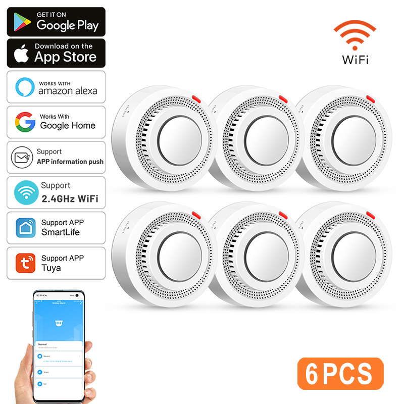 Smoke Detector Interconnected - 6 sztuk Czujników Dymu WiFi Tuya,
